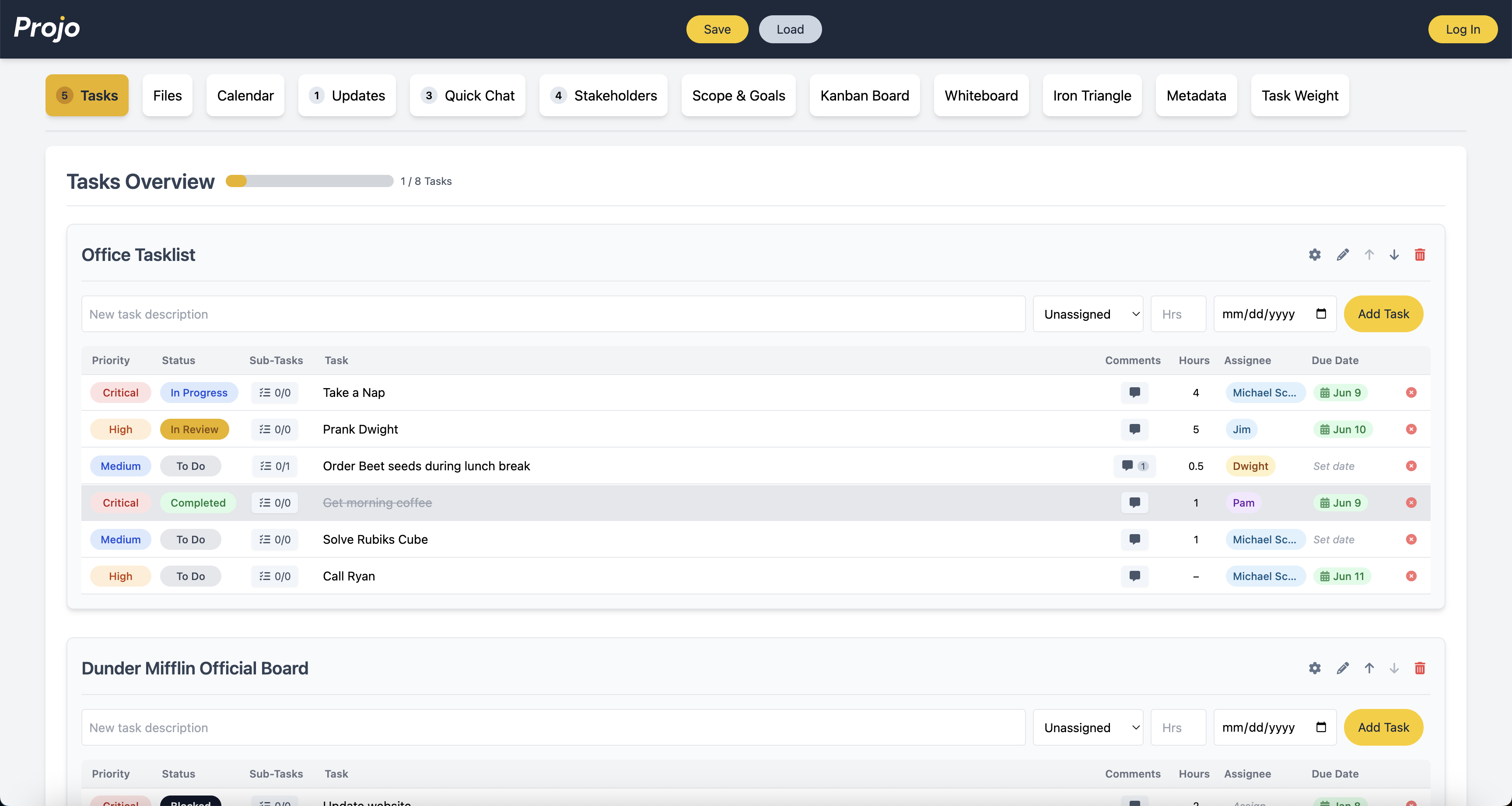 Projo application dashboard